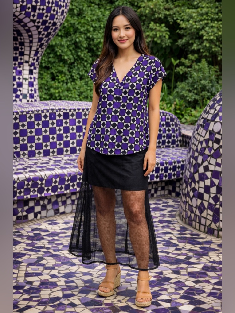 MICHAEL KORS Iris/Purple/White Checker Box w/Circles & Triangle Tunic Top-S  NWT